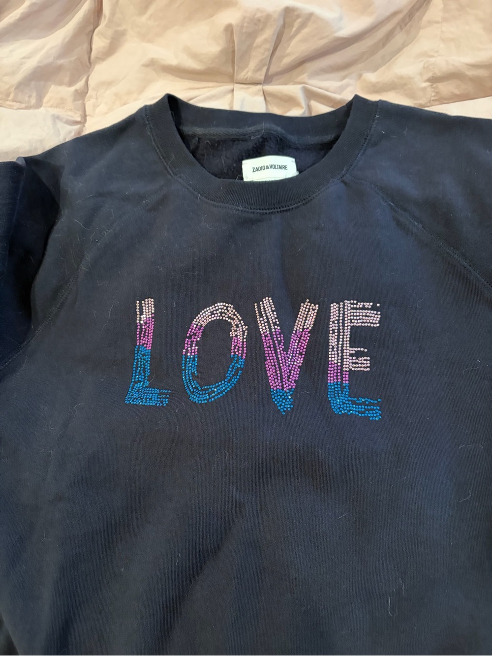 Zadig & Voltaire deep navy Sweatshirt with Blue, Purple and Pink Rhinestone LOVE